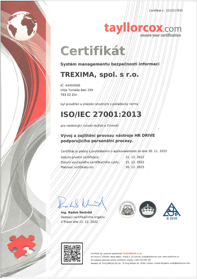 HR Drive - Certifikát -  ISO/IEC 27001:2013